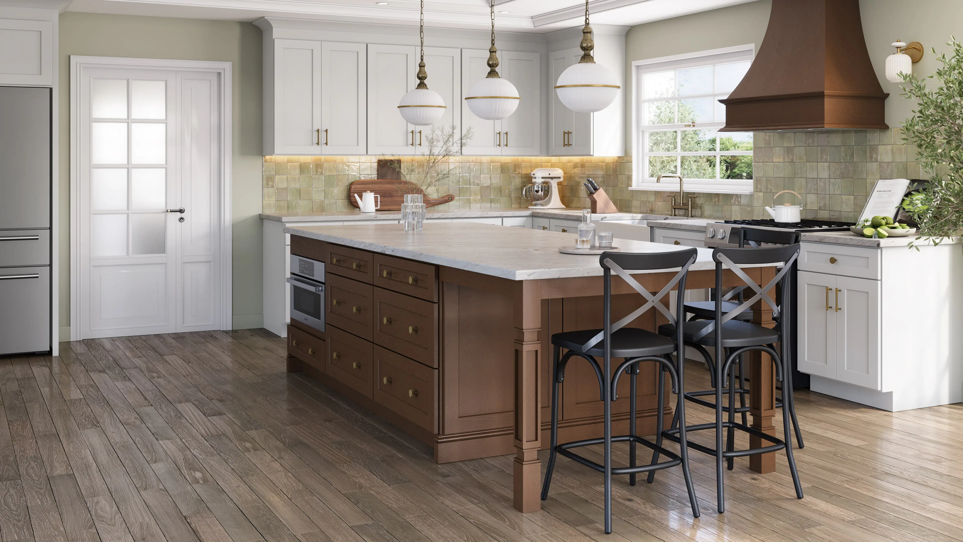 Kitchen inspiration with white perimeter cabinets, a brown island and a matching decorative hood
