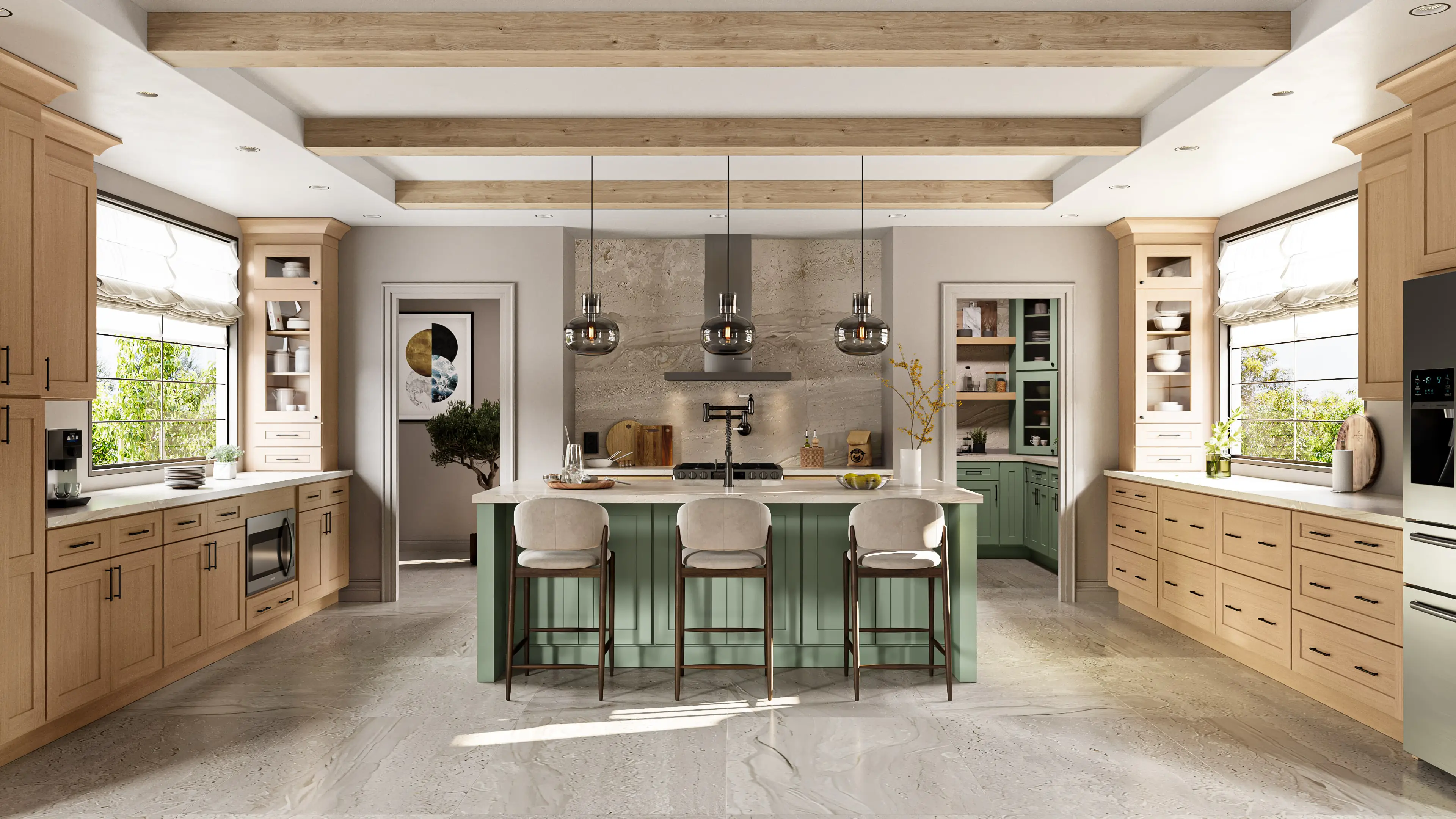 Kitchen inspiration with light wood-tone cabinets, a green island and a pale patterned floor