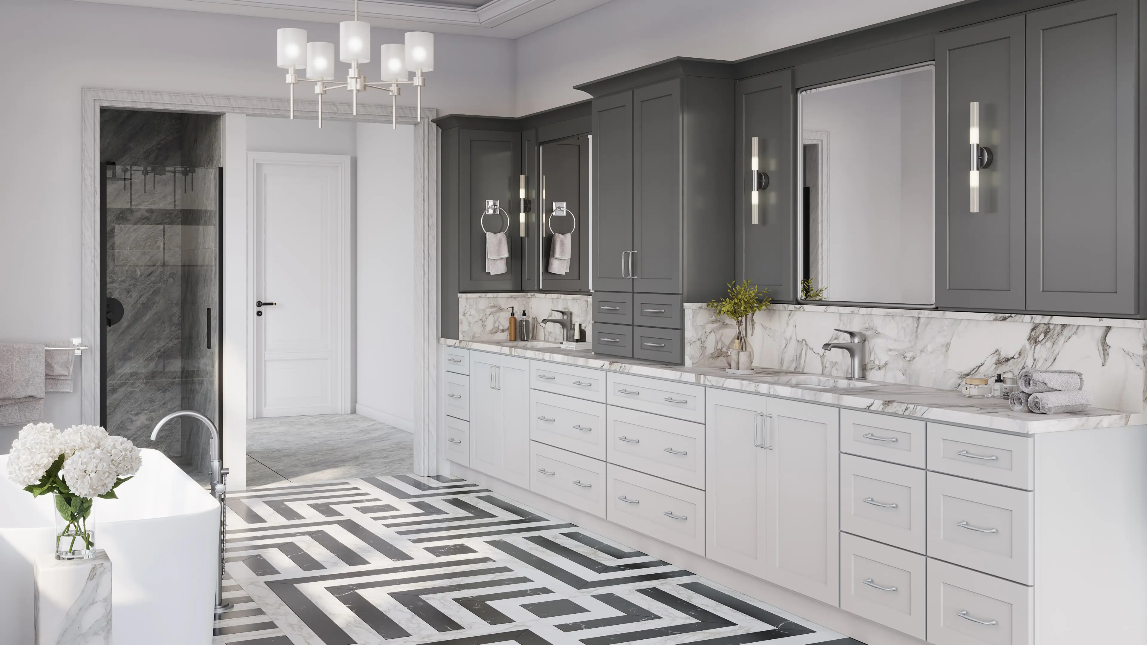 Bathroom inspiration with white vanity cabinets, gray upper storage and two sinks